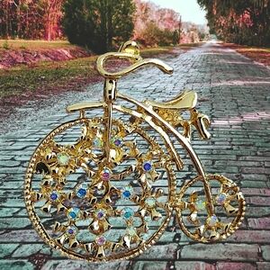 Gold Vintage Bicycle Brooch with Multicolor Accents